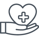 icon of a hand holding a heart with a medical symbol in it