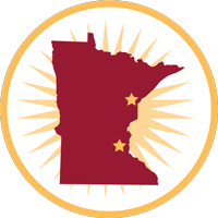maroon state of minnesota graphic with a gold star in duluth and a gold star in the twin cities