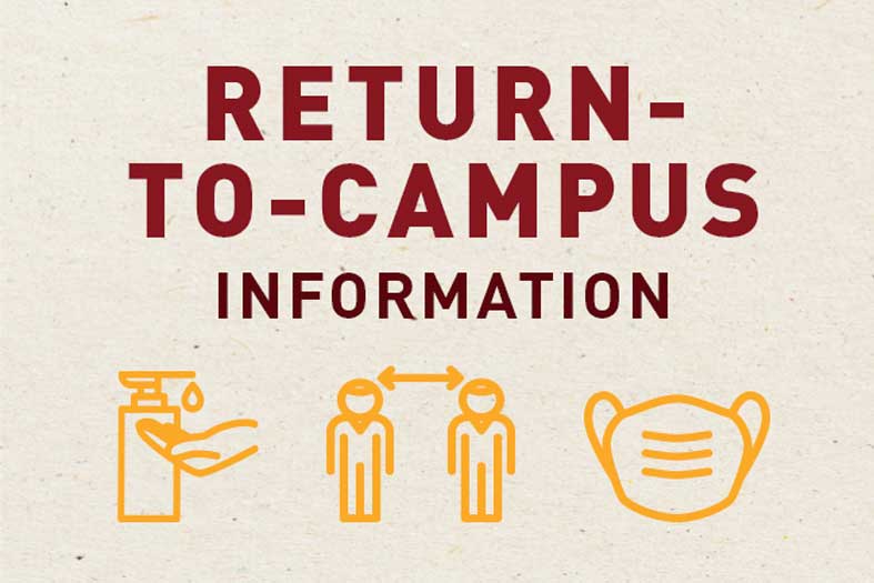 return to campus graphic with icons of hand sanitizer, social distancing, and a mask
