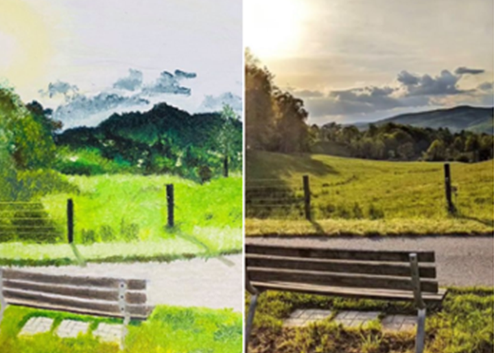 side by side photos of a painted landscape and a photograph of the same landscape