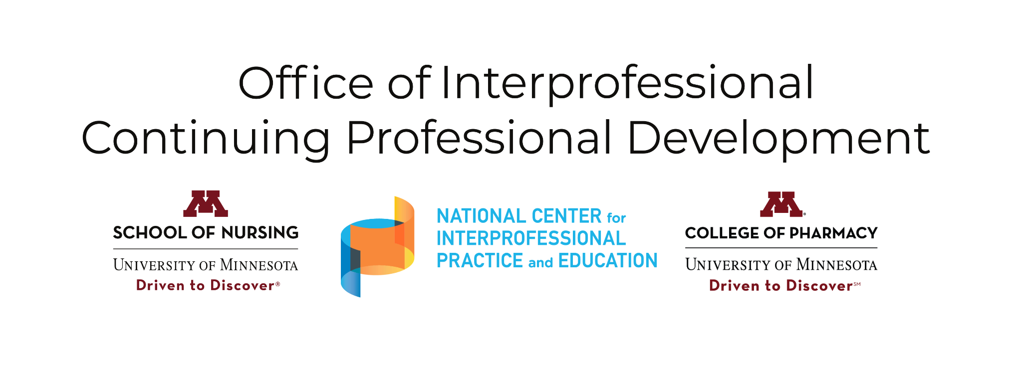 This logo has text above, reading "Office of Interprofessional Continuing Professional Development", with three logos arranged from left to right below for the University of Minnesota School of Nursing, the National Center for Interprofessional Practice and Education, and the University of Minnesota College of Pharmacy.