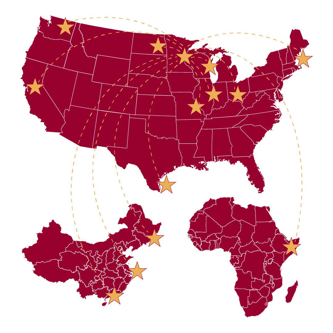 Maroon maps of the US, China, and Africa with gold stars noting where student ambassadors come from