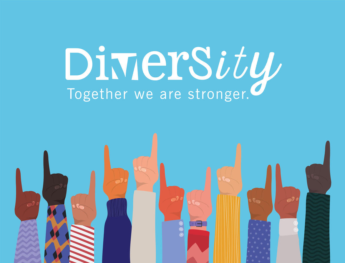 Illustration of diverse hands pointing to the word diversity