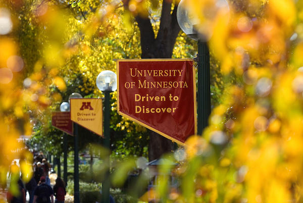 UMN driven to discover post flag surrounded by fall foliage