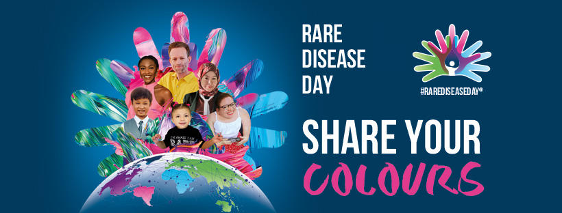 Rare Disease Day 2024 share your colors banner. Diverse group of people proudly standing in front of RDD logo. 