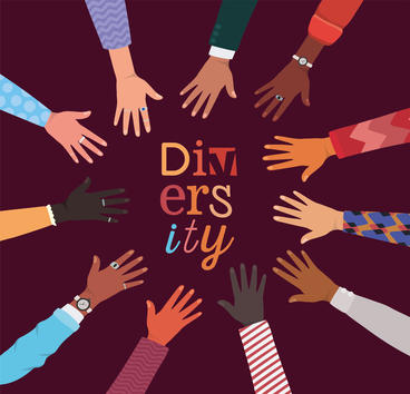 Illustration of diverse group of hands surrounding the word diversity