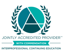 This logo shows an abstract A and laurel branches to each side, all in three shades of green, with the following text below "Jointly Accredited Provider, with commendation, interprofessional continuing education"