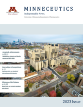 Pharmaceutics newsletter cover. View of Moos tower and health science buildings on campus with downtown Minnespolis skyline in the background.